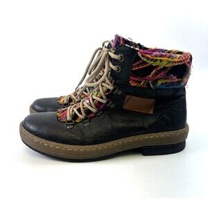 Rieker Felicitas Bootie Ankle Boot Black Faux Leather Multi Knit LaceUp Zip 39 8